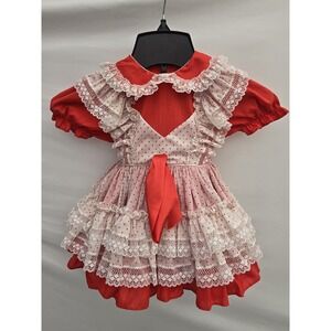 Vtg Small World Red Circle Dress Pageant Ruffles Apron Lace Bow 2T